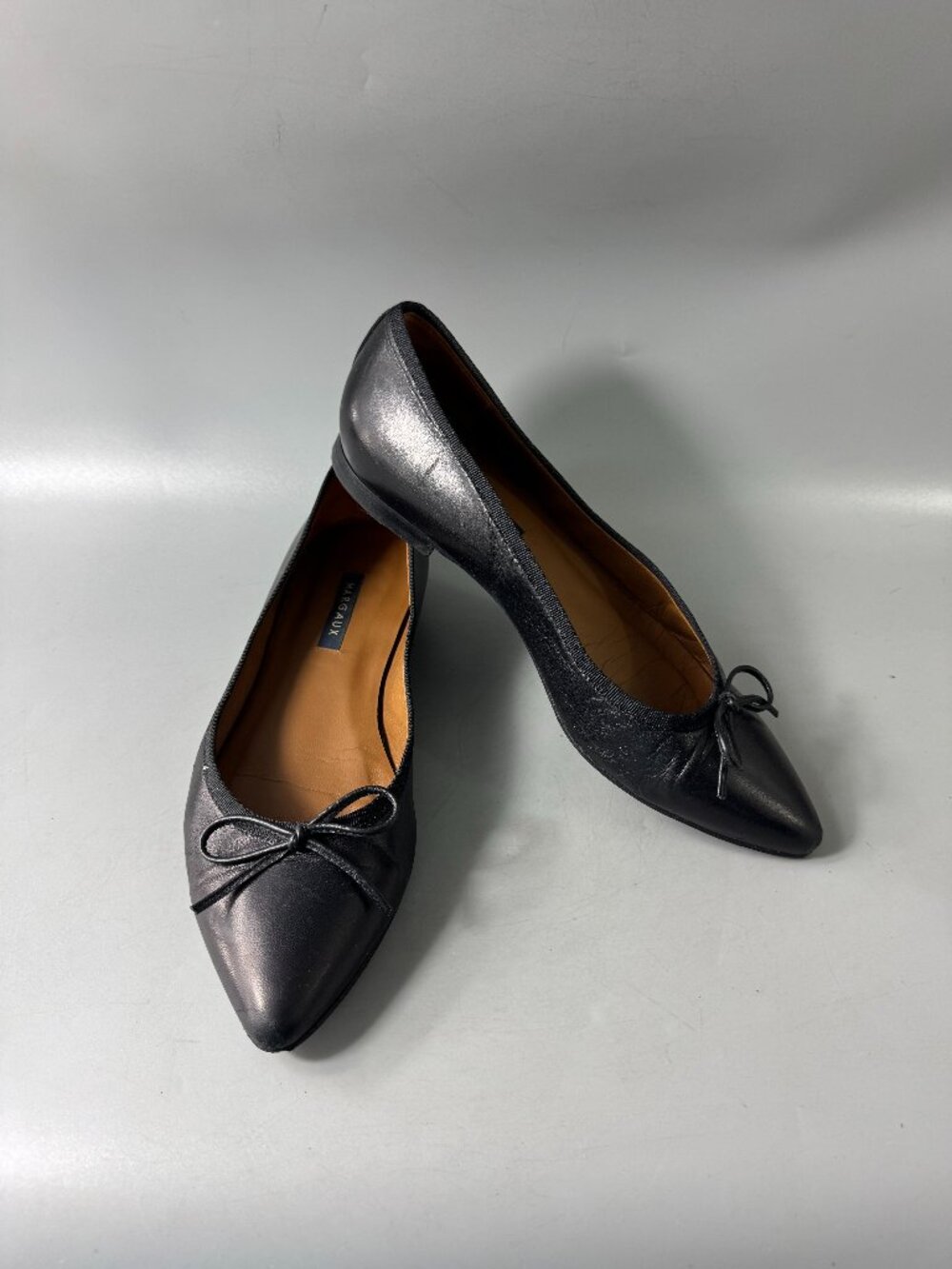 Margaux Black Nappa Leather Ballet Flats Bow Pointed Toe, Size 39 1/2